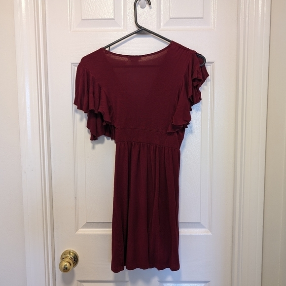 coii | Romantic Burgundy Flutter Dress | Size Small - Picture 2 of 9